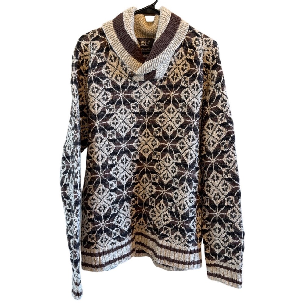 Double RL Ralph Lauren Mens L Hand Knit Fair Isle Snowflake Shawl Collar Sweater